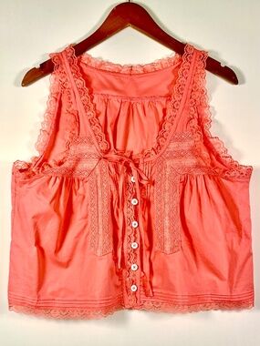 Romantic Coral pink flowy ruffle lace tank top button front boho lightweight